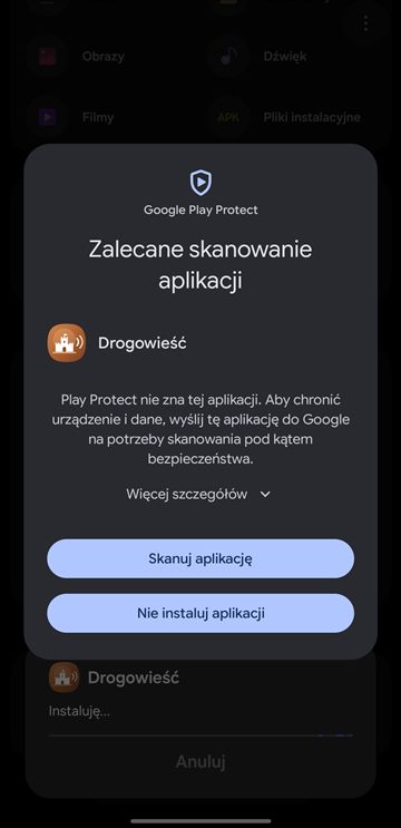 Google Play Protect: Zalecane skanowanie aplikacji, przycisk Skanuj aplikację